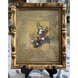 Vintage Print Japanese Tosa School Red White Flowers Bamboo Frame